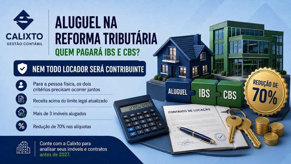 Infográfico da Calixto Gestão Contábil sobre aluguel na Reforma Tributária: quem pagará IBS e CBS, critérios da pessoa física e redução de 70% nas alíquotas