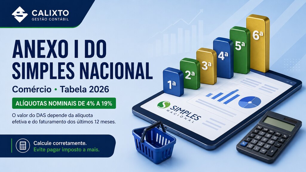 Infográfico da Calixto Gestão Contábil sobre o Anexo I do Simples Nacional 2026, com as seis faixas e alíquotas nominais de 4% a 19% para o comércio