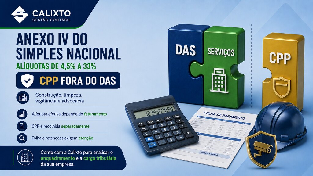 Infográfico da Calixto Gestão Contábil sobre o Anexo IV do Simples Nacional 2026, com alíquotas de 4,5% a 33% e a CPP recolhida separadamente do DAS