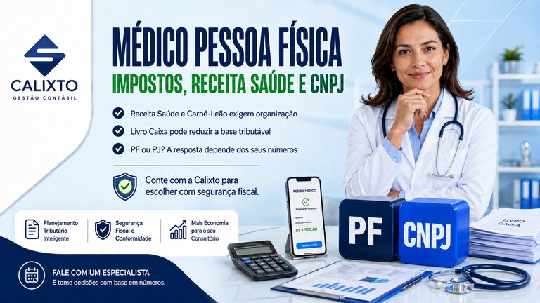 Infográfico da Calixto Gestão Contábil sobre o médico pessoa física: impostos, Receita Saúde, Livro Caixa e a decisão entre atuar como PF ou abrir um CNPJ