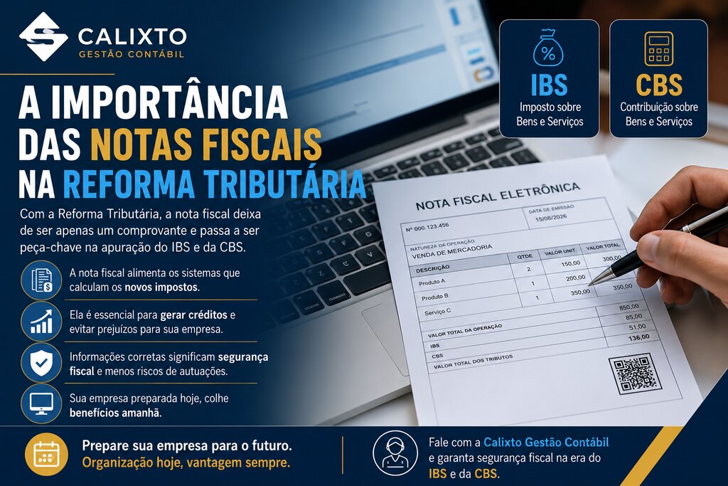 Infográfico da Calixto Gestão Contábil sobre a importância das notas fiscais na Reforma Tributária, com o destaque de IBS e CBS na nota fiscal eletrônica